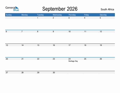 Current month calendar with South Africa holidays for September 2026
