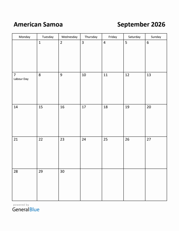 September 2026 Calendar with American Samoa Holidays
