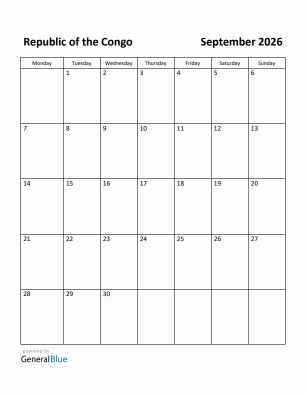 September 2026 Calendar with Republic of the Congo Holidays