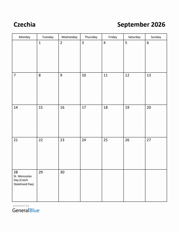 September 2026 Calendar with Czechia Holidays