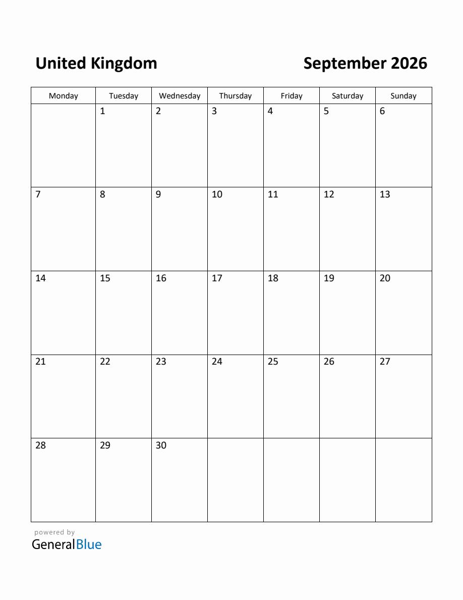 Free Printable September 2026 Calendar for United Kingdom (Monday Start)