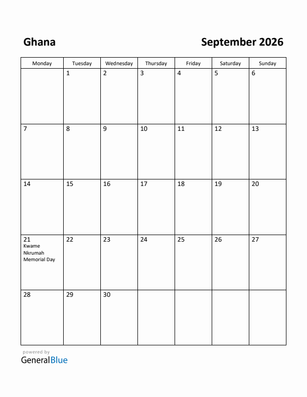 September 2026 Calendar with Ghana Holidays