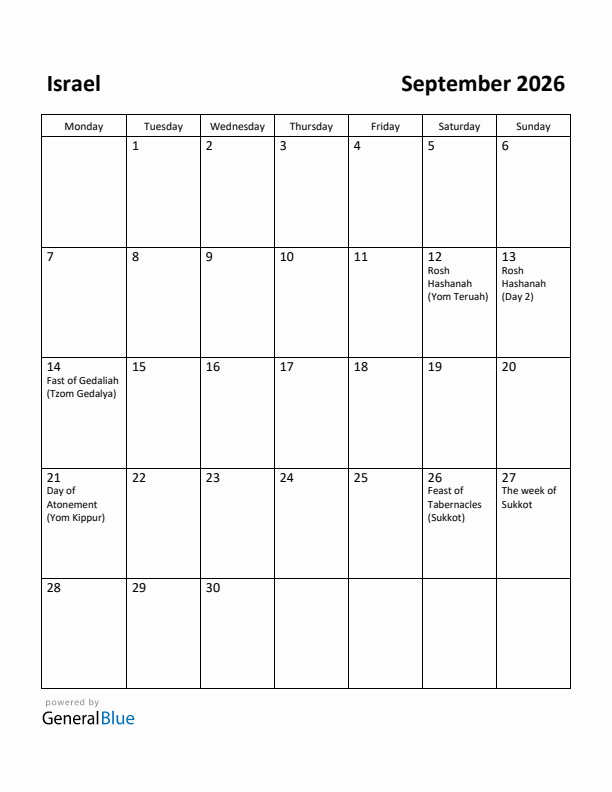 September 2026 Calendar with Israel Holidays