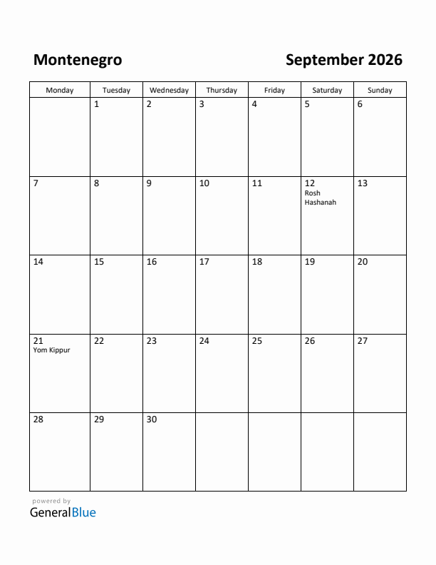 September 2026 Calendar with Montenegro Holidays