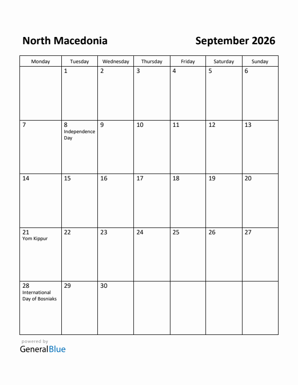 September 2026 Calendar with North Macedonia Holidays