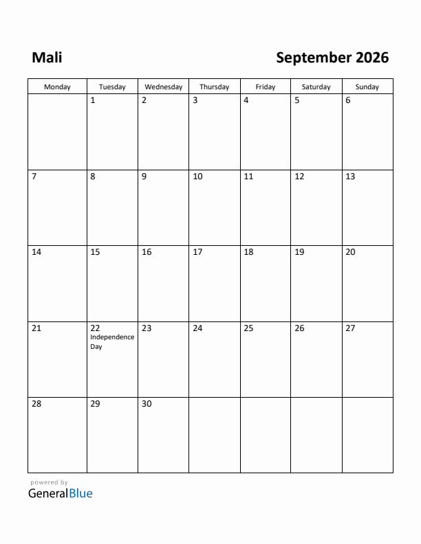September 2026 Calendar with Mali Holidays