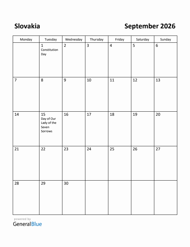 September 2026 Calendar with Slovakia Holidays
