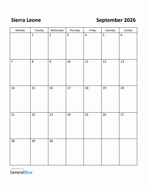 September 2026 Calendar with Sierra Leone Holidays