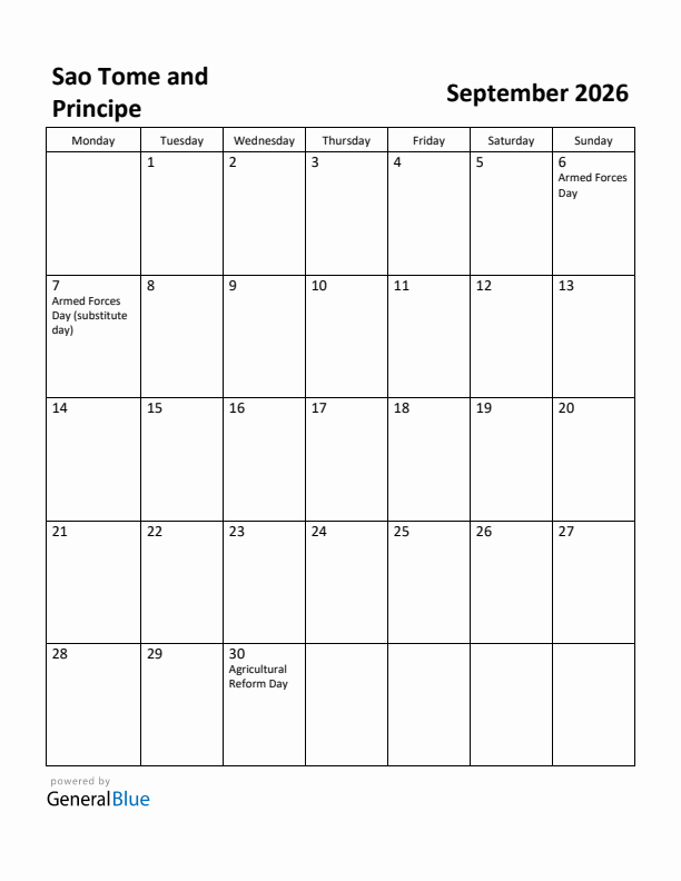 September 2026 Calendar with Sao Tome and Principe Holidays