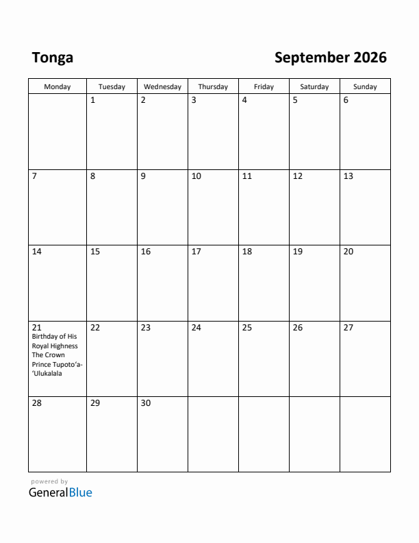 September 2026 Calendar with Tonga Holidays