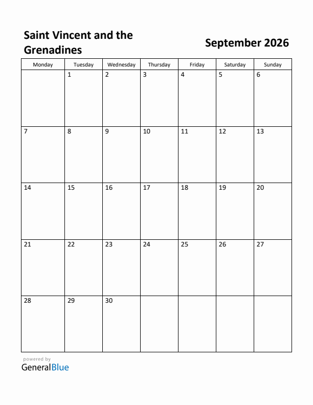 September 2026 Calendar with Saint Vincent and the Grenadines Holidays