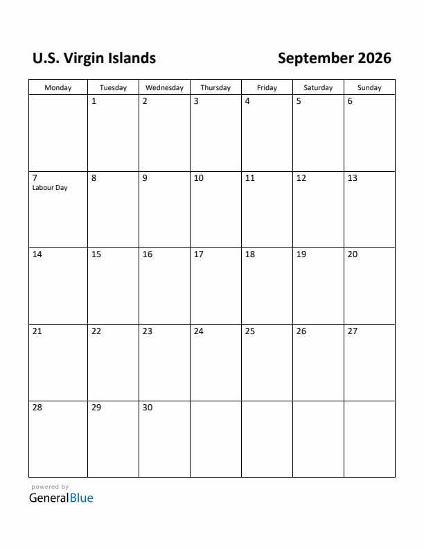September 2026 Calendar with U.S. Virgin Islands Holidays