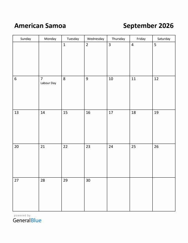September 2026 Calendar with American Samoa Holidays