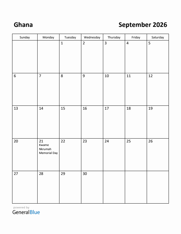 September 2026 Calendar with Ghana Holidays