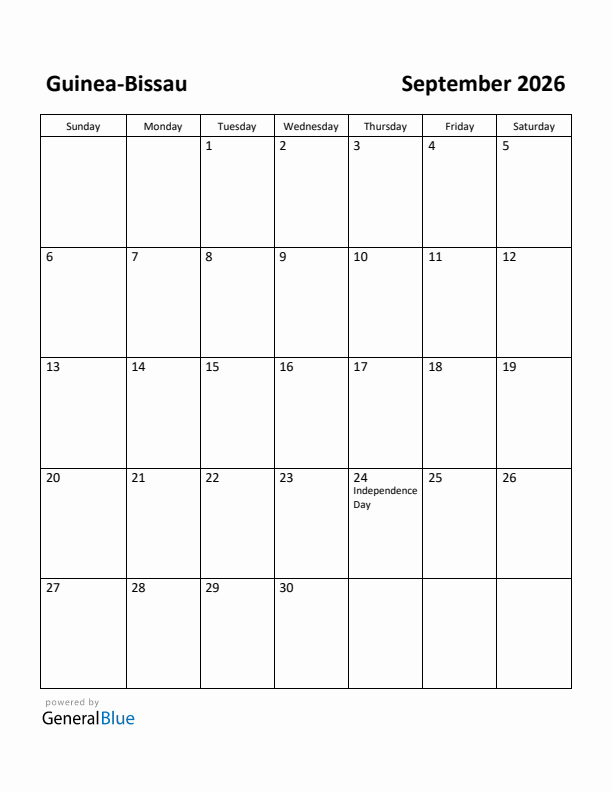 September 2026 Calendar with Guinea-Bissau Holidays