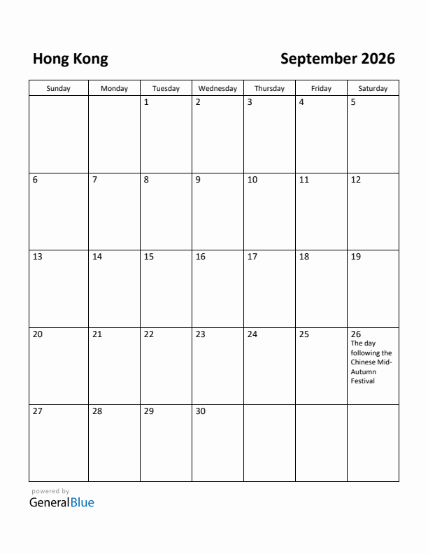 September 2026 Calendar with Hong Kong Holidays