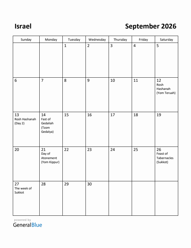 September 2026 Calendar with Israel Holidays
