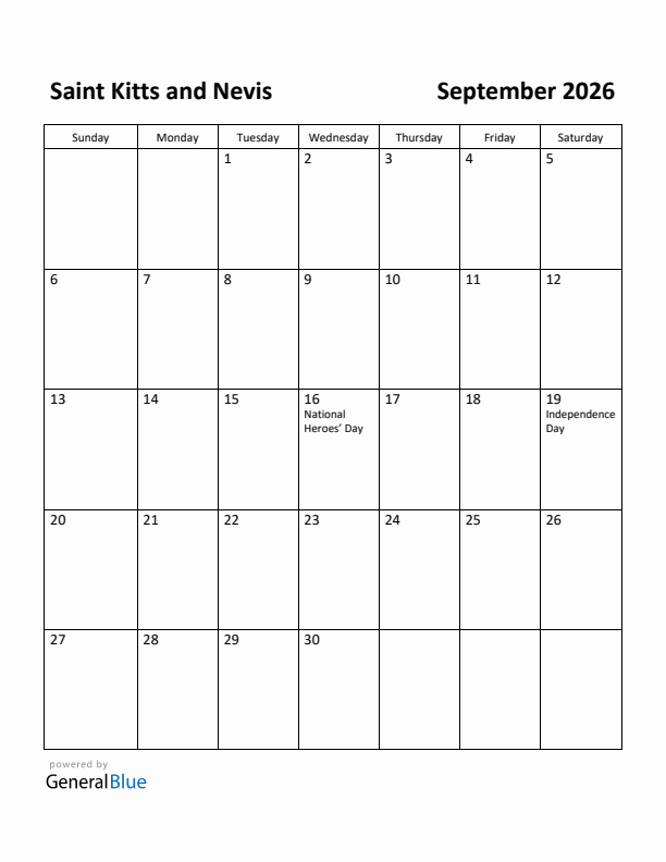 September 2026 Calendar with Saint Kitts and Nevis Holidays