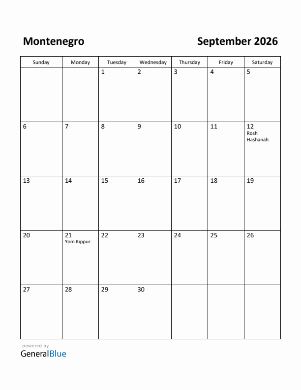 September 2026 Calendar with Montenegro Holidays