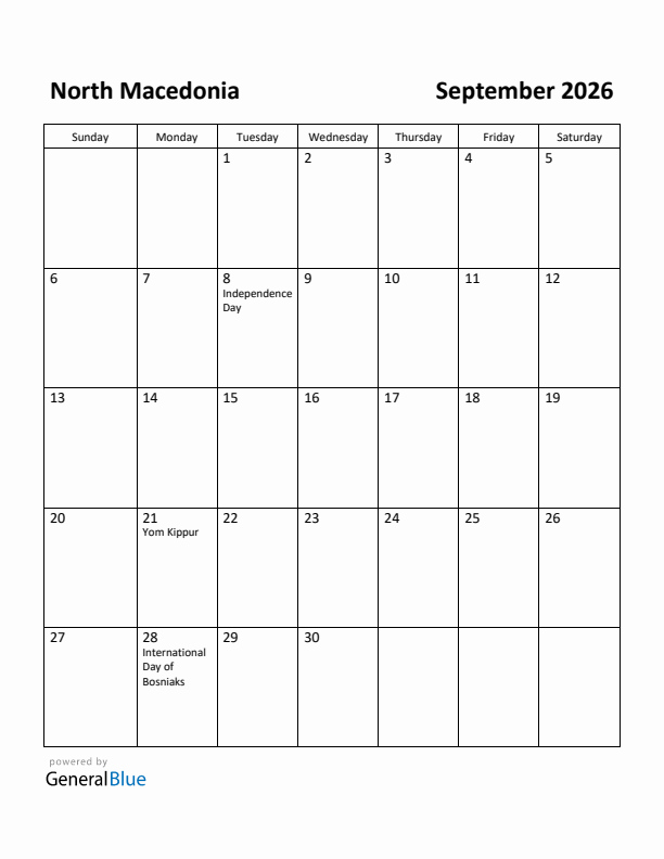 September 2026 Calendar with North Macedonia Holidays