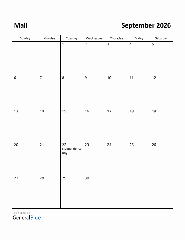 September 2026 Calendar with Mali Holidays