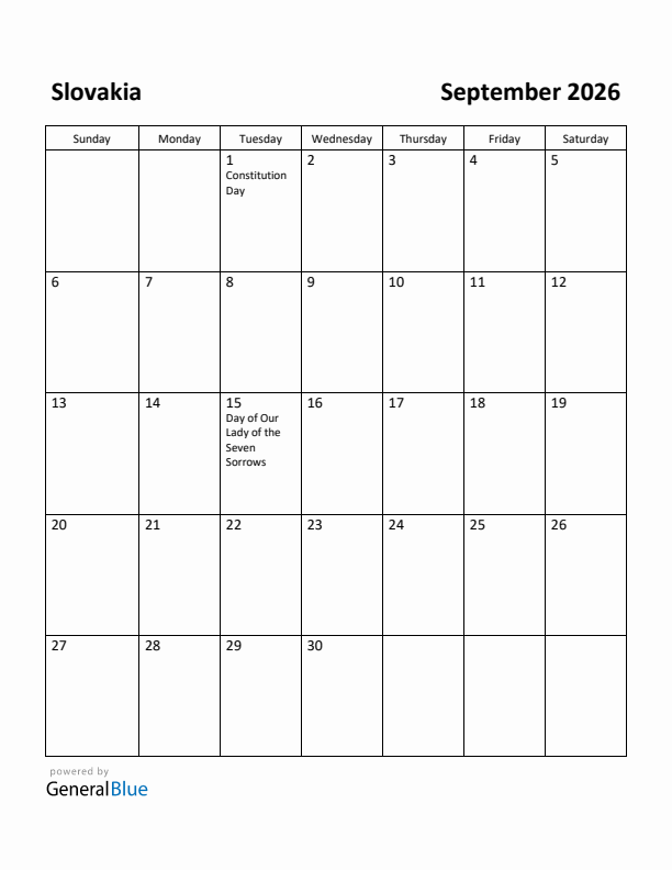 September 2026 Calendar with Slovakia Holidays