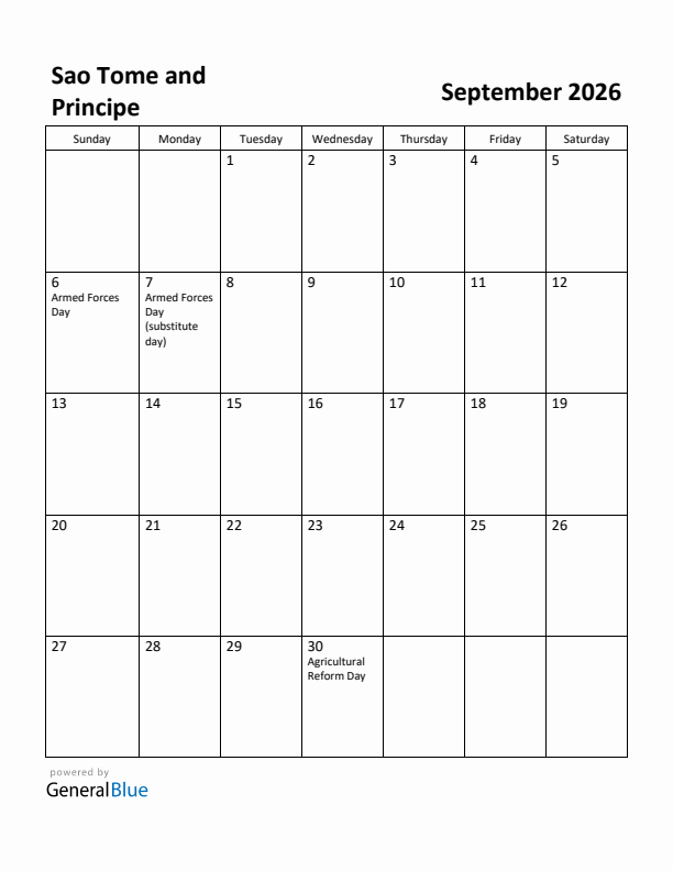 September 2026 Calendar with Sao Tome and Principe Holidays