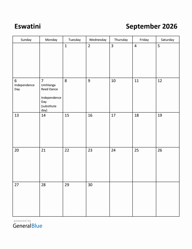 September 2026 Calendar with Eswatini Holidays