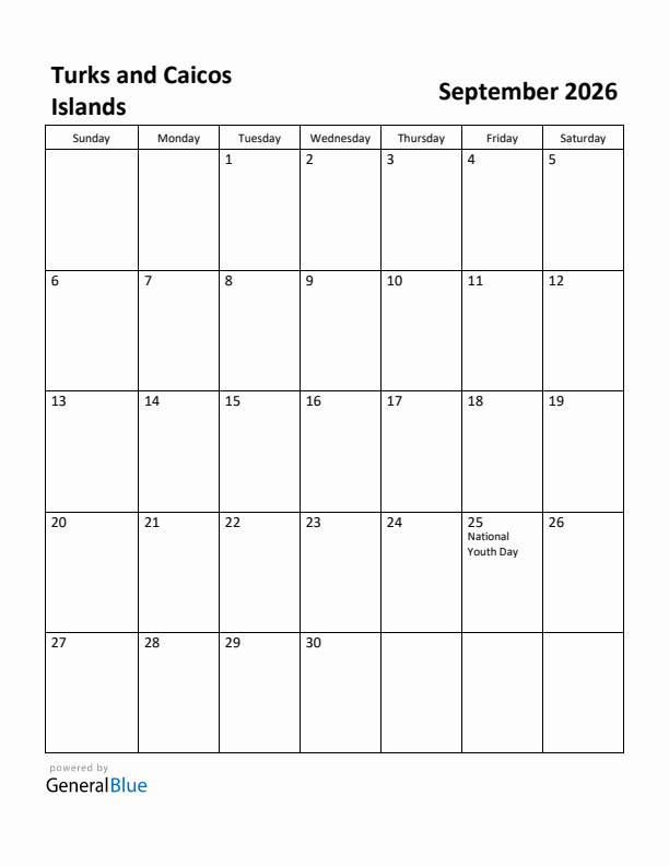 September 2026 Calendar with Turks and Caicos Islands Holidays