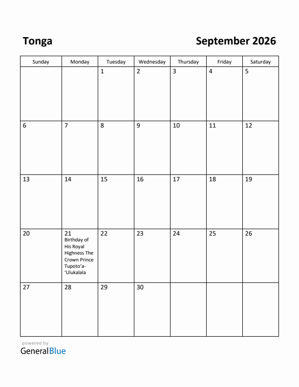 September 2026 Calendar with Tonga Holidays