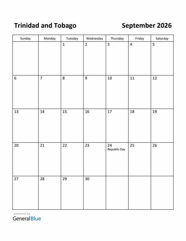 September 2026 Calendar with Trinidad and Tobago Holidays