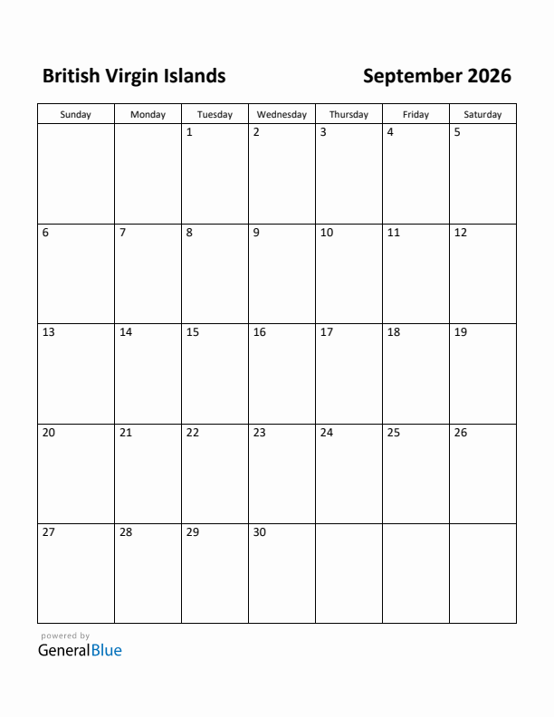 September 2026 Calendar with British Virgin Islands Holidays