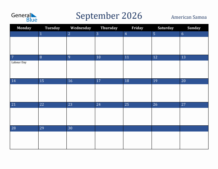 September 2026 American Samoa Calendar (Monday Start)