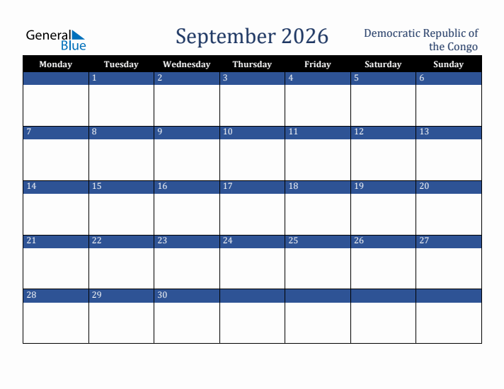 September 2026 Democratic Republic of the Congo Calendar (Monday Start)