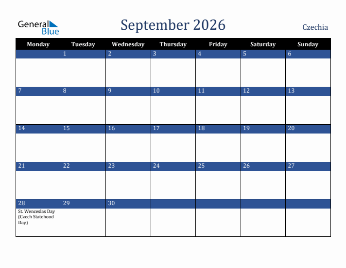September 2026 Czechia Calendar (Monday Start)