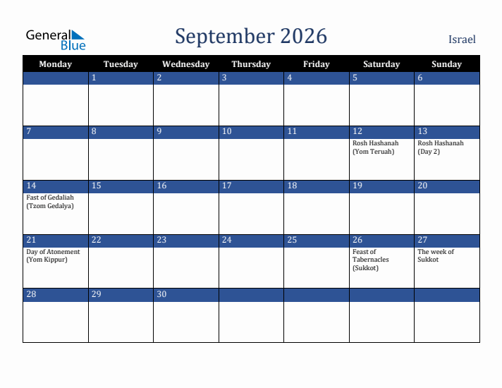September 2026 Israel Calendar (Monday Start)