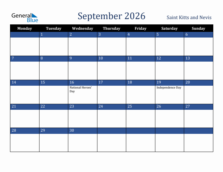 September 2026 Saint Kitts and Nevis Calendar (Monday Start)