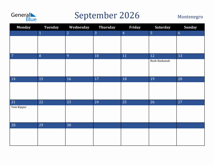 September 2026 Montenegro Calendar (Monday Start)