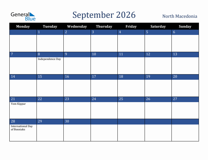 September 2026 North Macedonia Calendar (Monday Start)