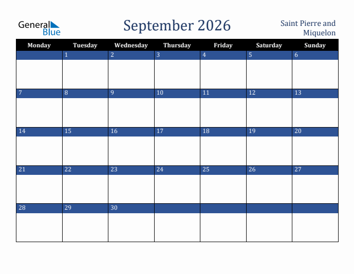 September 2026 Saint Pierre and Miquelon Calendar (Monday Start)