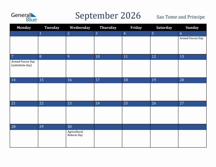 September 2026 Sao Tome and Principe Calendar (Monday Start)