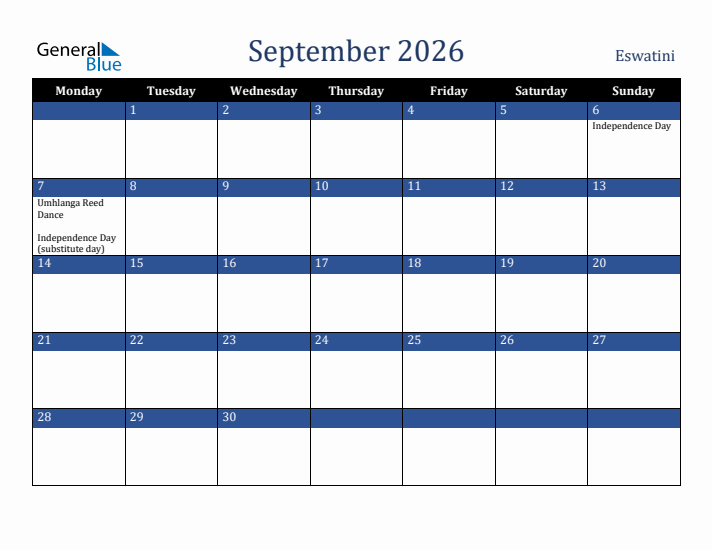 September 2026 Eswatini Calendar (Monday Start)