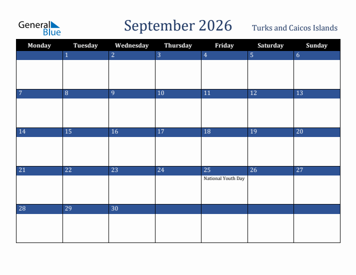 September 2026 Turks and Caicos Islands Calendar (Monday Start)