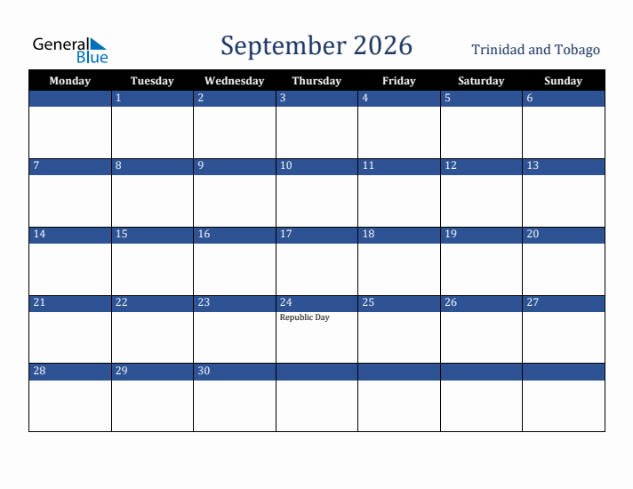 September 2026 Trinidad and Tobago Calendar (Monday Start)