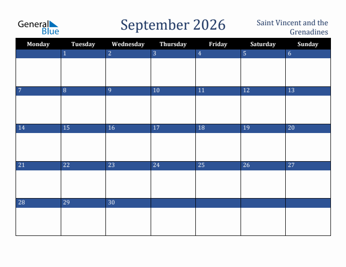 September 2026 Saint Vincent and the Grenadines Calendar (Monday Start)
