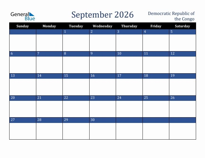 September 2026 Democratic Republic of the Congo Calendar (Sunday Start)