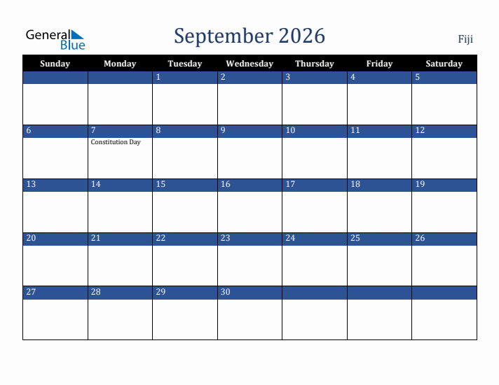 September 2026 Fiji Calendar (Sunday Start)