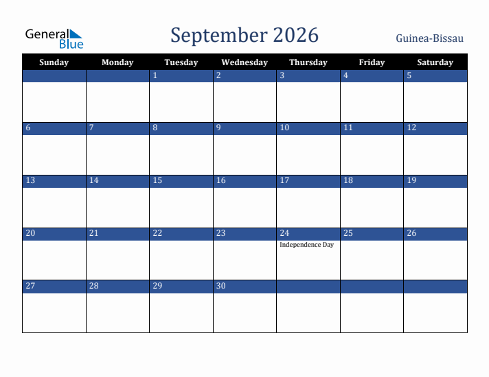 September 2026 Guinea-Bissau Calendar (Sunday Start)