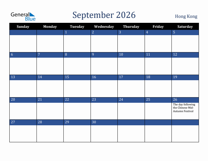 September 2026 Hong Kong Calendar (Sunday Start)
