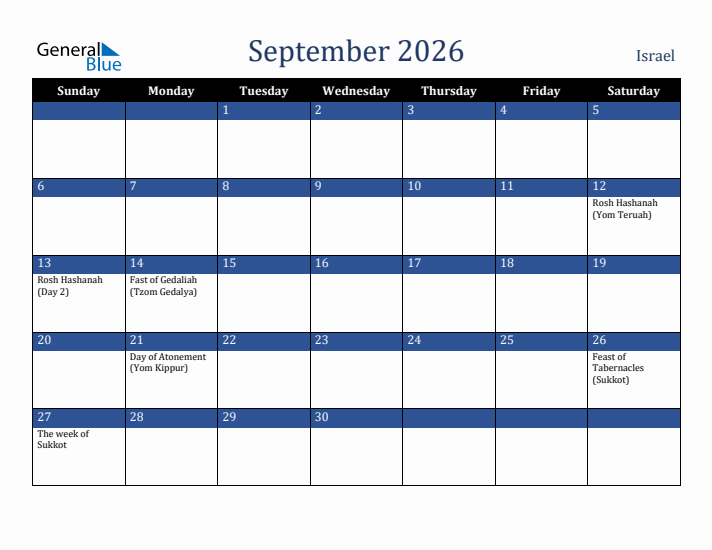 September 2026 Israel Calendar (Sunday Start)